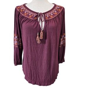 Womens M Embroidered Cottagecore Boho Prairie Raw‎ Hem  Hippie Festival Shirt